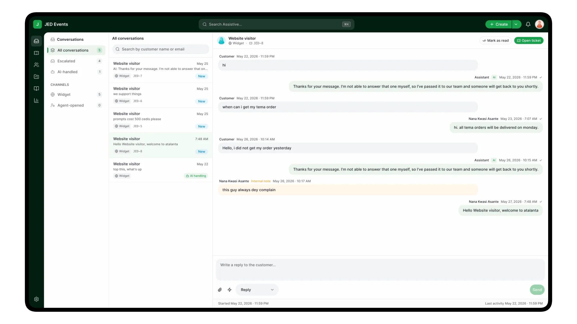 The Assistive inbox showing website chat and email conversations as trackable tickets